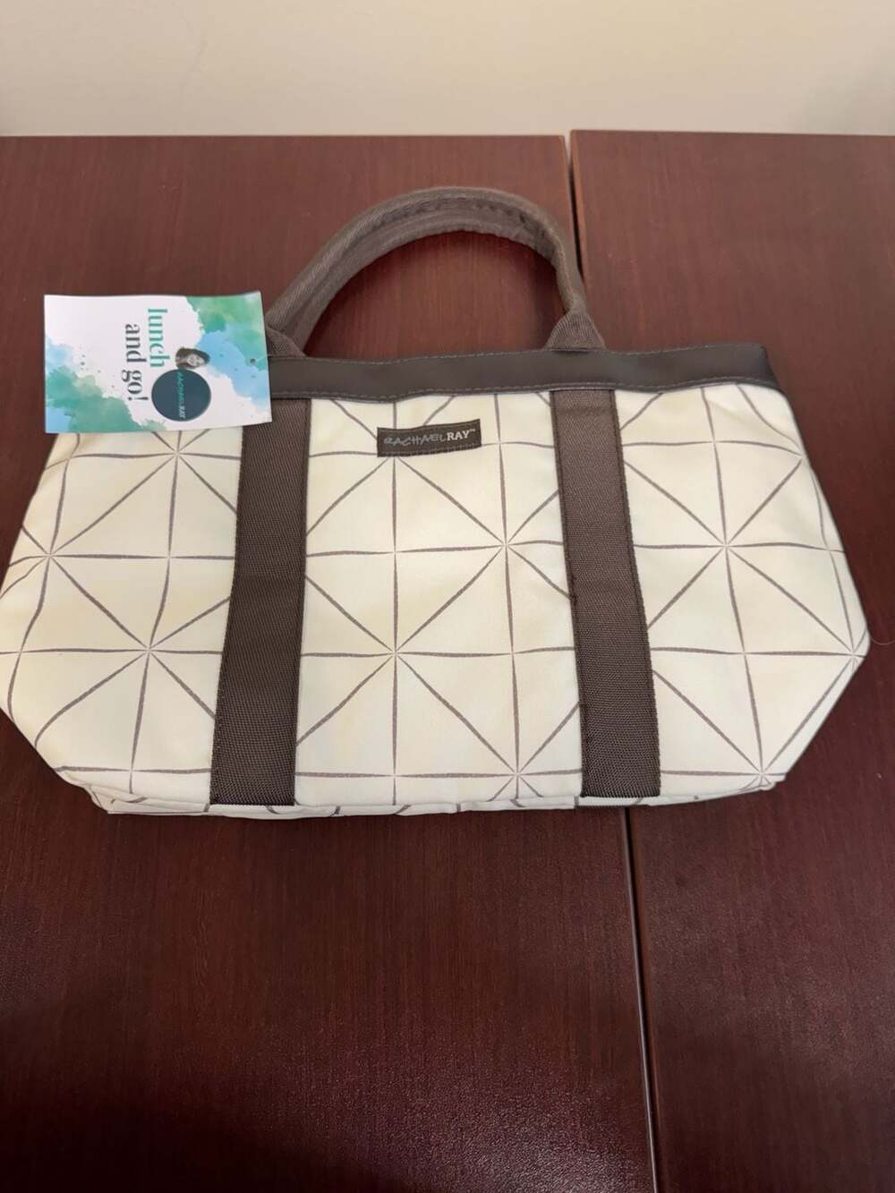 Rachael Ray Lunch and Go! Insulated Tote Bag - Cream and Grey Geometric Print